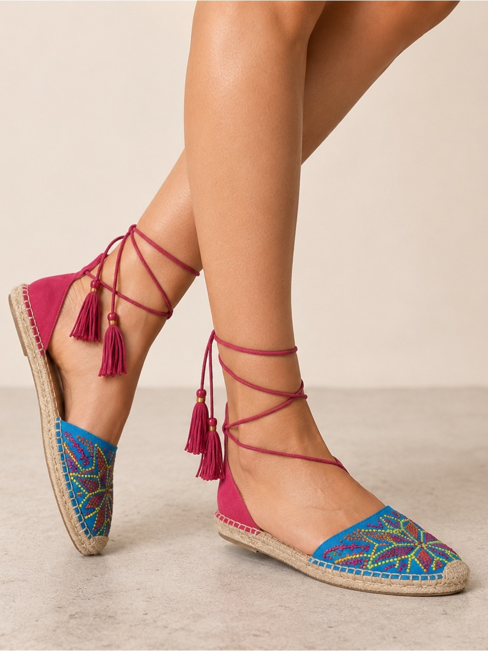 Aquazzura Colorful Beaded Lace-Up Espadrilles Embroidered Resort Flats size 39.5